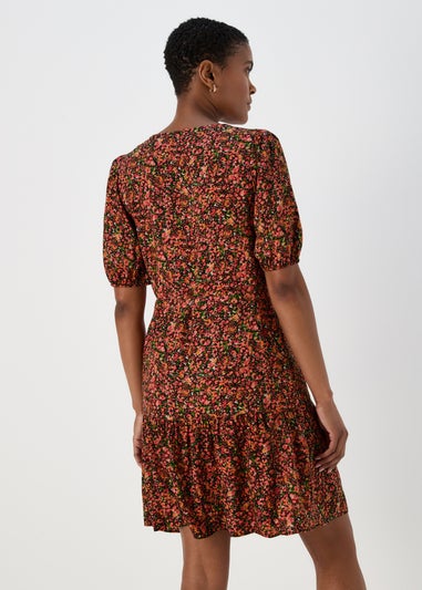 Coral Ditsy Print Viscose Mini Dress