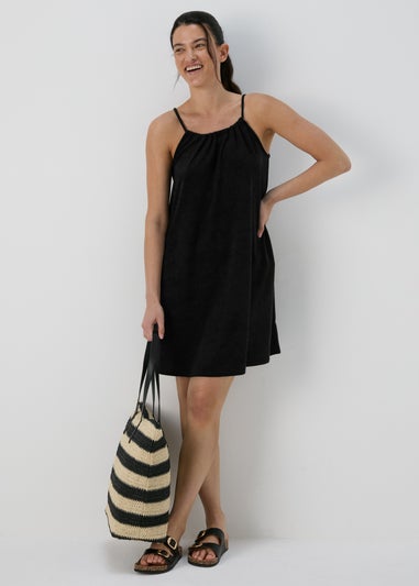 Black Strappy Towelling Mini Cami Dress