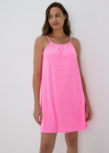 Pink Towelling Strappy Mini Dress