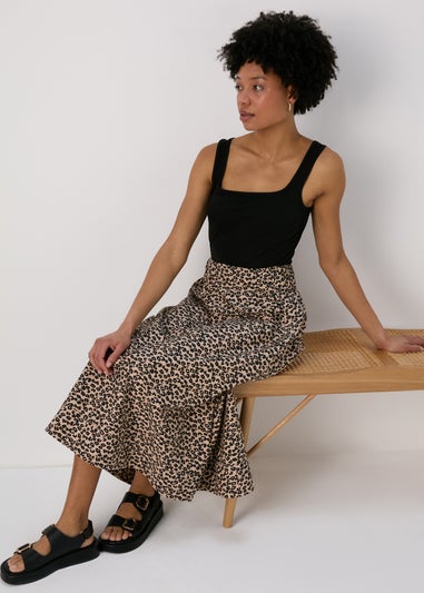 Brown Leopard Print Poplin Skirt