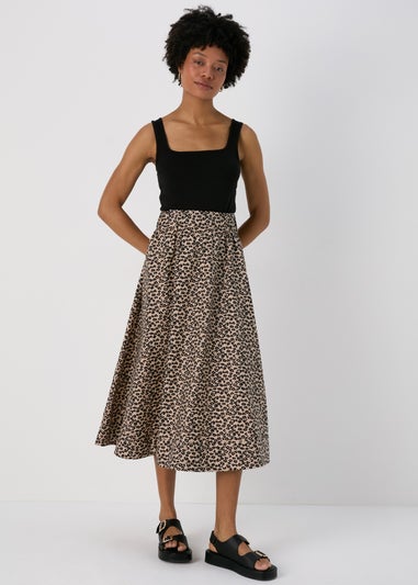 Brown Leopard Print Poplin Skirt