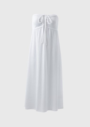 White Ruched Crinkle Midi Dress