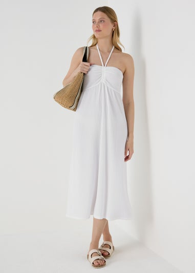 White Ruched Crinkle Midi Dress