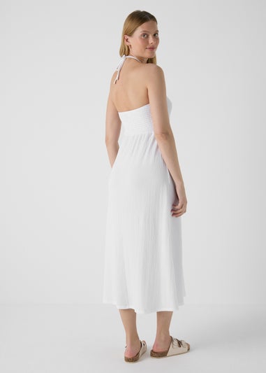 White Ruched Crinkle Midi Dress