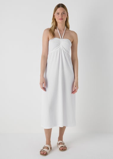 White Ruched Crinkle Midi Dress