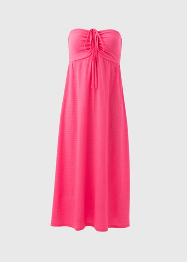 Pink Ruched Crinkle Midi Dress