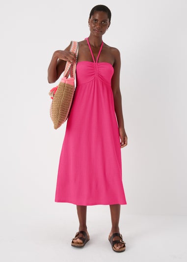 Pink Ruched Crinkle Midi Dress