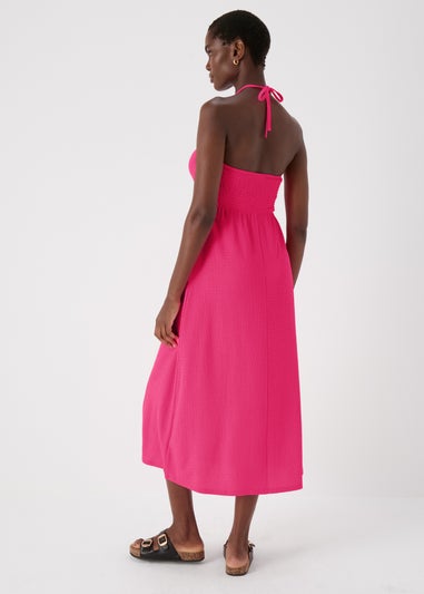 Pink Ruched Crinkle Midi Dress