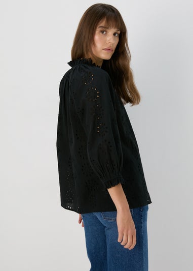 Black Embroidered Tie Front Blouse