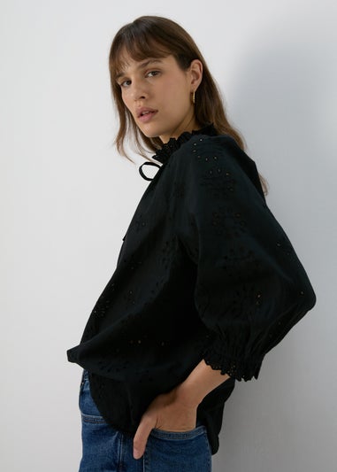 Black Embroidered Tie Front Blouse