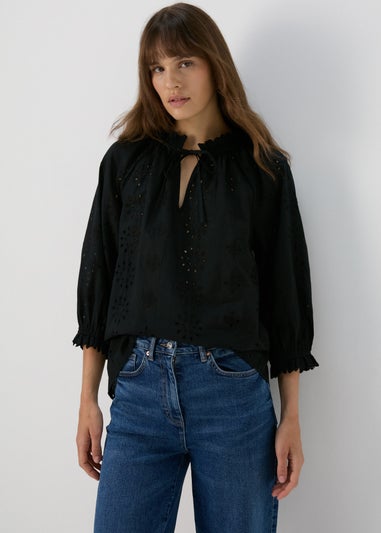 Black Embroidered Tie Front Blouse