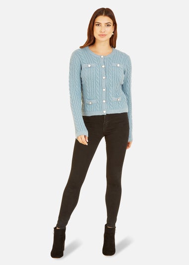 Yumi Cable Knit Cropped Button Up Cardigan In Blue