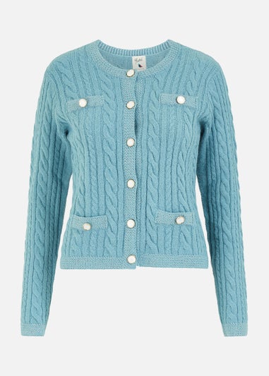 Yumi Cable Knit Cropped Button Up Cardigan In Blue