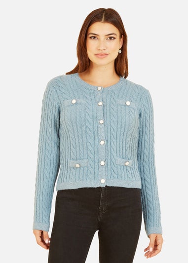 Yumi Cable Knit Cropped Button Up Cardigan In Blue