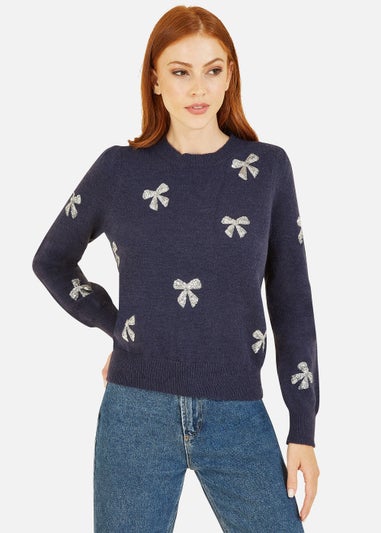 Yumi Sequin All Over Applique Bow Knitted Jumper In Navy