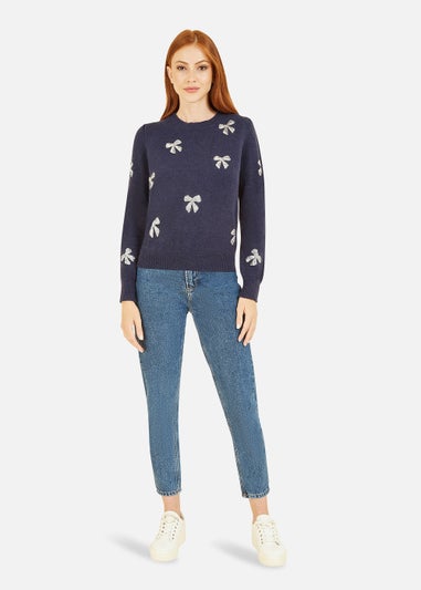 Yumi Sequin All Over Applique Bow Knitted Jumper In Navy