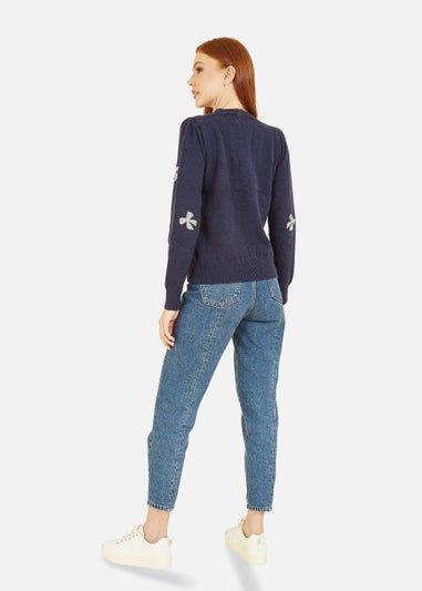 Yumi Sequin All Over Applique Bow Knitted Jumper In Navy