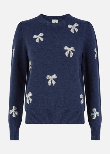 Yumi Sequin All Over Applique Bow Knitted Jumper In Navy