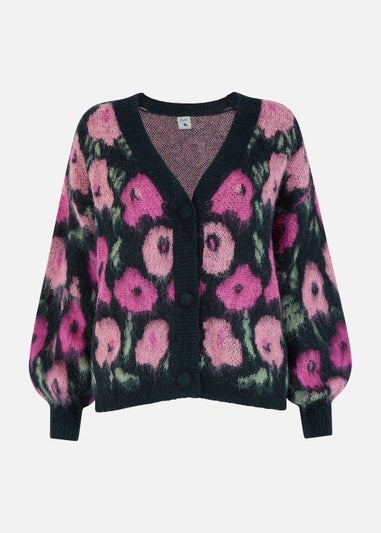 Yumi Floral Intarsia Brushed Cardigan In Pink