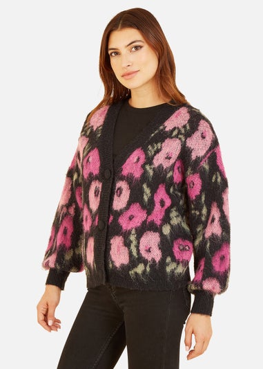 Yumi Floral Intarsia Brushed Cardigan In Pink