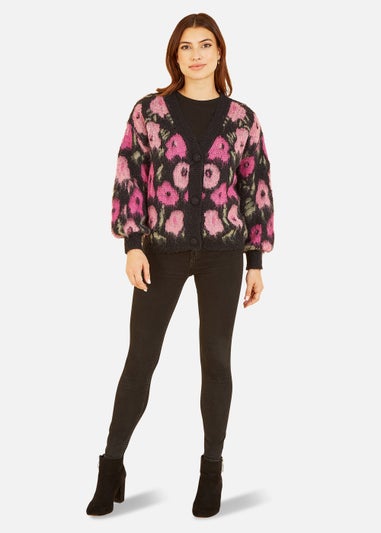 Yumi Floral Intarsia Brushed Cardigan In Pink