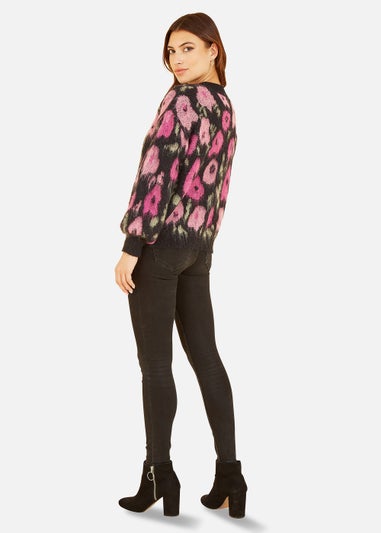 Yumi Floral Intarsia Brushed Cardigan In Pink