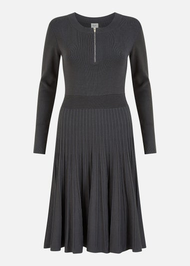 Yumi Knitted Pleated Skater Dress With Zip In Grey
