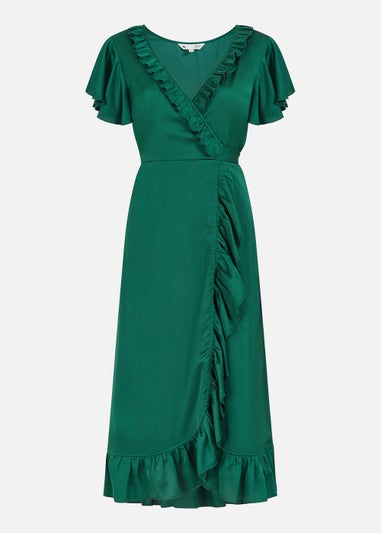 Yumi Satin Wrap Midi Dress In Green