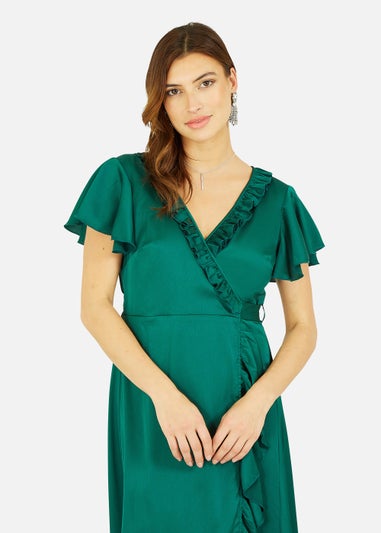 Yumi Satin Wrap Midi Dress In Green