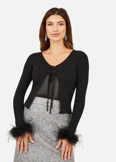 Yumi Black Ribbed Bolero With Feather Cuffs