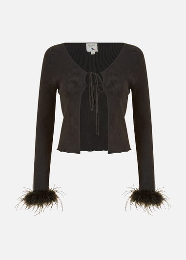 Yumi Black Ribbed Bolero With Feather Cuffs