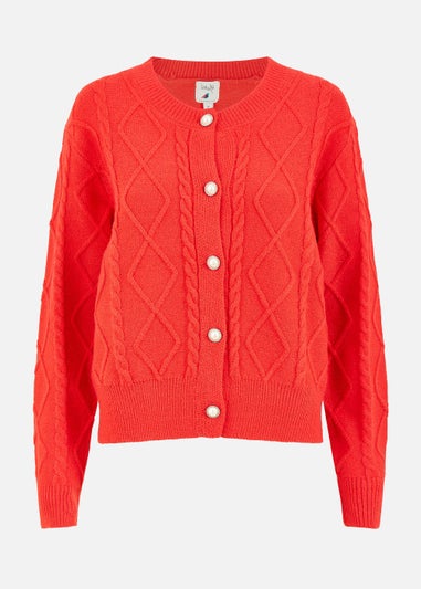 Yumi Cable Knit Cardigan With Pearl Buttons In Red