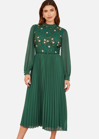 Yumi Embroidered Long Sleeve Pleated Midi Dress In Green