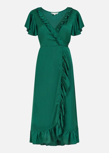 Yumi Satin Wrap Midi Dress In Green
