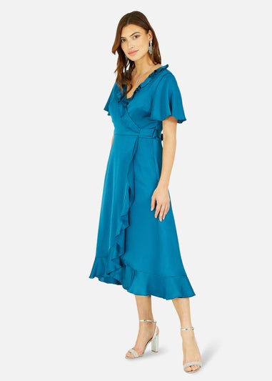 Yumi Satin Wrap Midi Dress In Teal