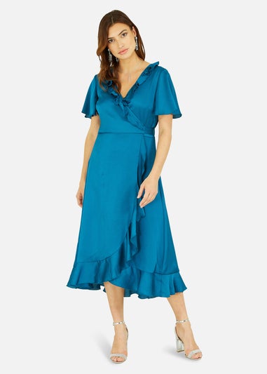 Yumi Satin Wrap Midi Dress In Teal