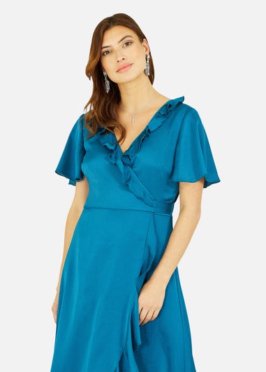 Yumi Satin Wrap Midi Dress In Teal