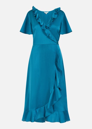 Yumi Satin Wrap Midi Dress In Teal