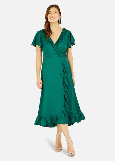 Yumi Satin Wrap Midi Dress In Green