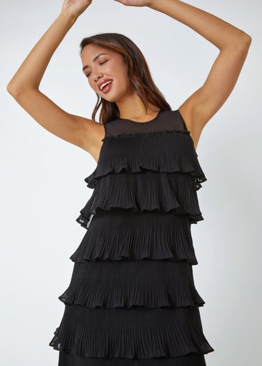 Roman Black Sleeveless Pleated Tiered Chiffon Dress