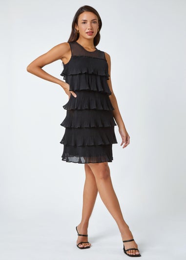 Roman Black Sleeveless Pleated Tiered Chiffon Dress