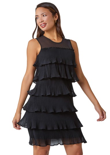 Roman Black Sleeveless Pleated Tiered Chiffon Dress