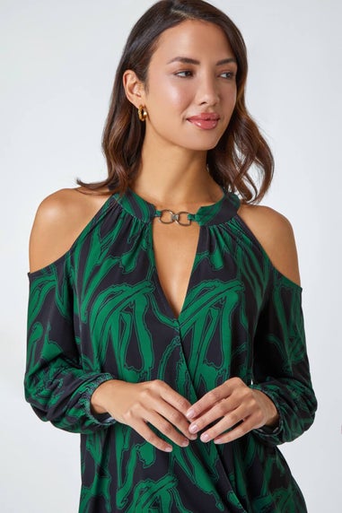 Roman Forest Green Abstract Print Cold Shoulder Chiffon Top