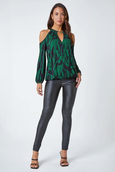 Roman Forest Green Abstract Print Cold Shoulder Chiffon Top