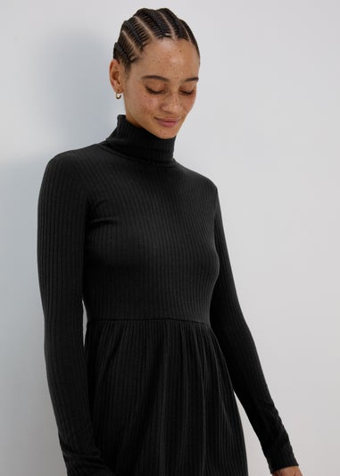 Black High Neck Ribbed Dress