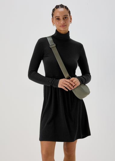 Black High Neck Ribbed Dress