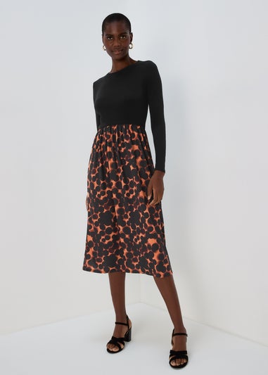 Black & Brown Mix Print Midi Dress