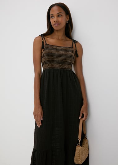 Black Shirred Cami Midi Dress