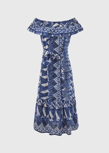 Papaya Petite Blue Aztec Print Bardot Cotton Midi Dress