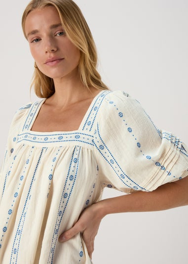 Cream Puff Sleeve Embroidered Mini Dress